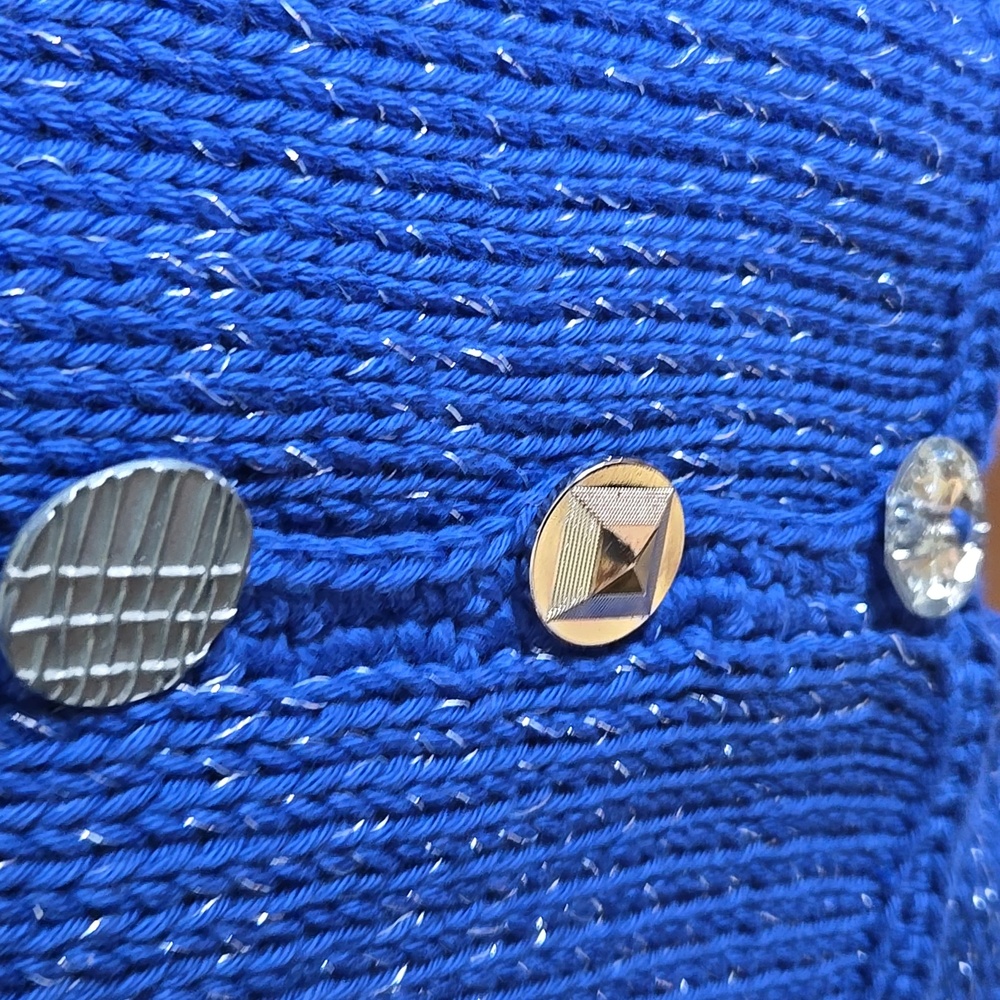 Pure Handknit-Royal blue sweater with each button different down front Sz - Picture 12 of 13